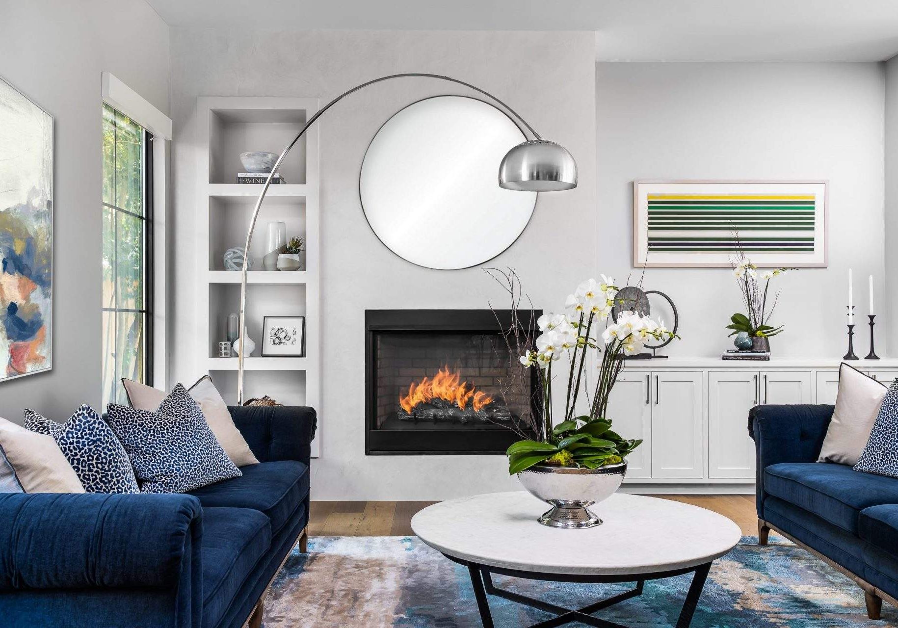Living Room Interior Design, Blue Sofas and Silver Floor Lamp, Etch Interior Design, Austin, Texas